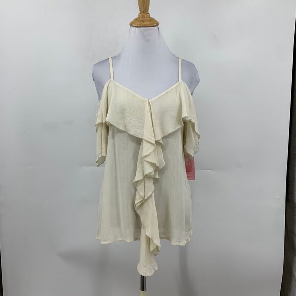 One The Land Tank Top Womens S Small Ivory Ruffle Overlap Cold Shoulder Cami - Picture 2 of 14